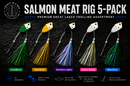 TIAB Premium Salmon Meat Rig 5-Pack – UV Great Lakes Meat Rigs with Twinkies – 5 Proven Colors for Salmon & Lake Trout
