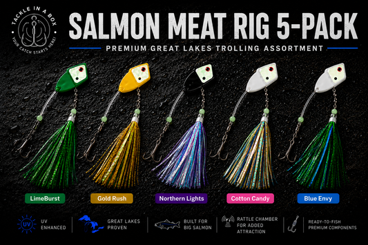 TIAB Premium Salmon Meat Rig 5-Pack – UV Great Lakes Meat Rigs with Twinkies – 5 Proven Colors for Salmon & Lake Trout