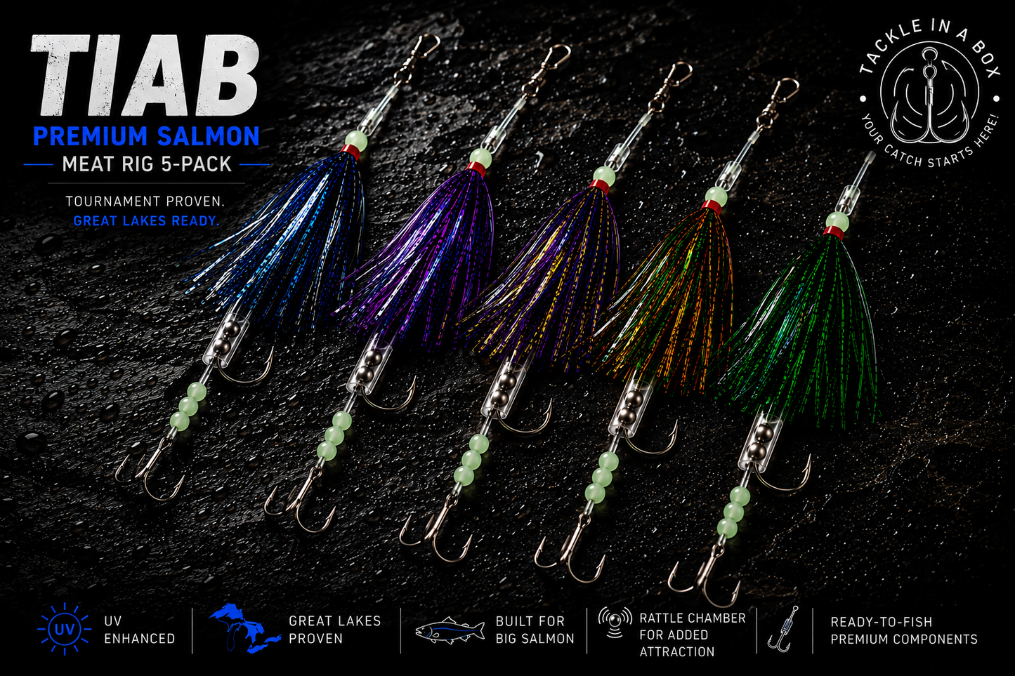 TIAB Premium Salmon Trolling Fly 5-Pack – UV Great Lakes Trolling Flies for Salmon, Lake Trout & Steelhead – 5 Proven Colors