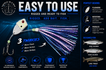 TIAB Premium Salmon Meat Rig 5-Pack – UV Great Lakes Meat Rigs with Twinkies – 5 Proven Colors for Salmon & Lake Trout