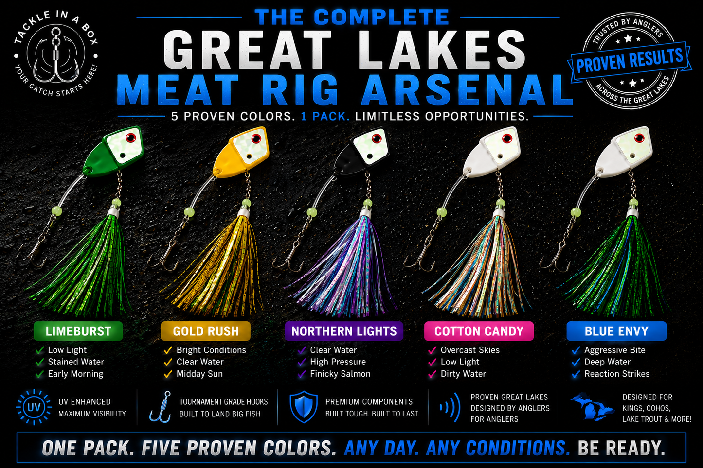 TIAB Premium Salmon Meat Rig 5-Pack – UV Great Lakes Meat Rigs with Twinkies – 5 Proven Colors for Salmon & Lake Trout